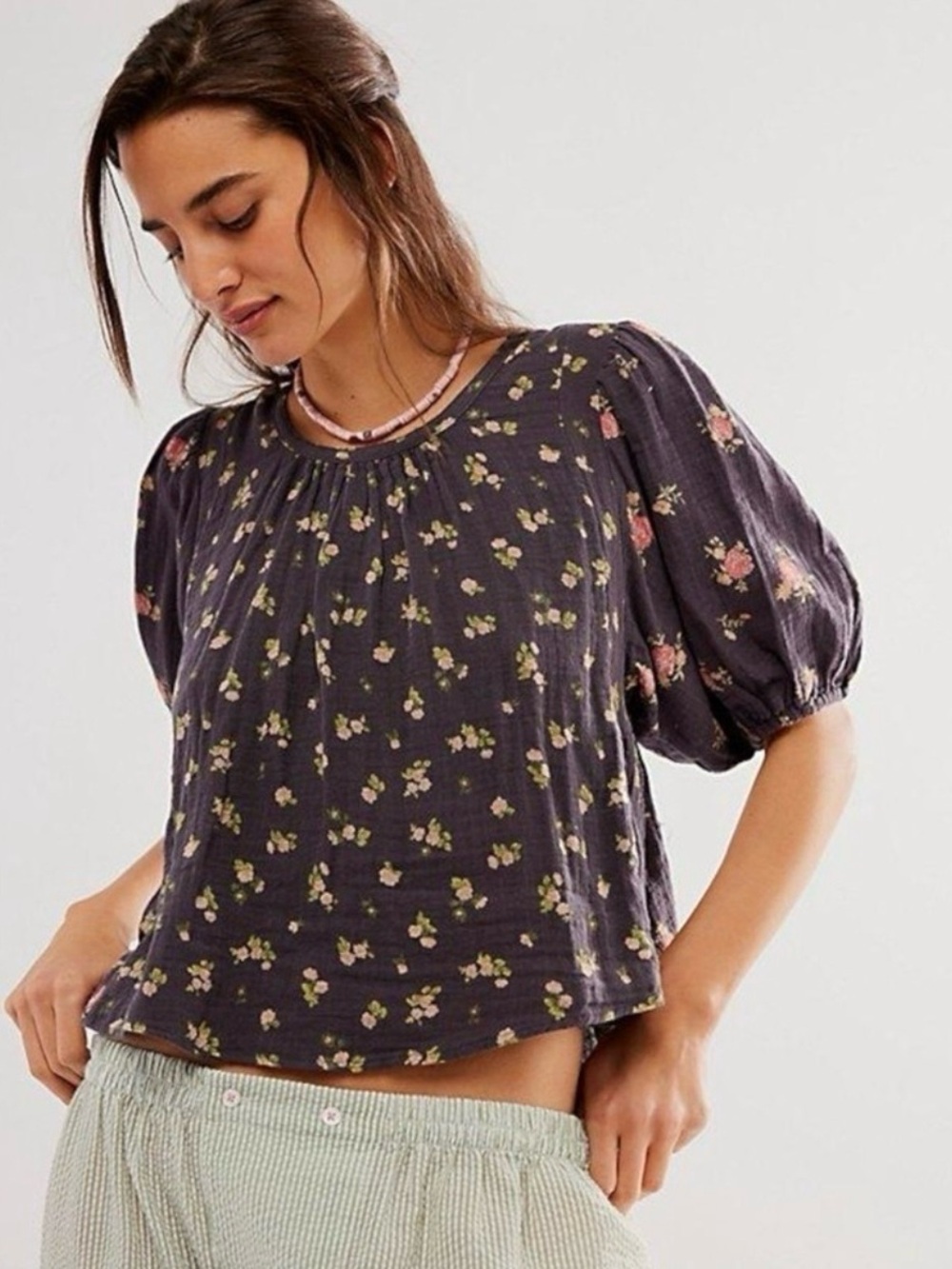 Free People Chloe Printed Top Washed Black Floral Large NWT Cottage Bow Gauze